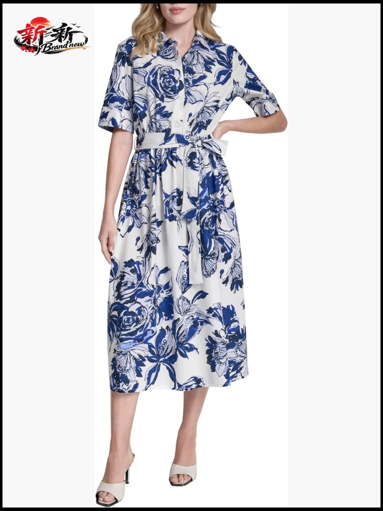 Short Sleeve Cotton Poplin Collared Midi Shirtdress With Removable Belt